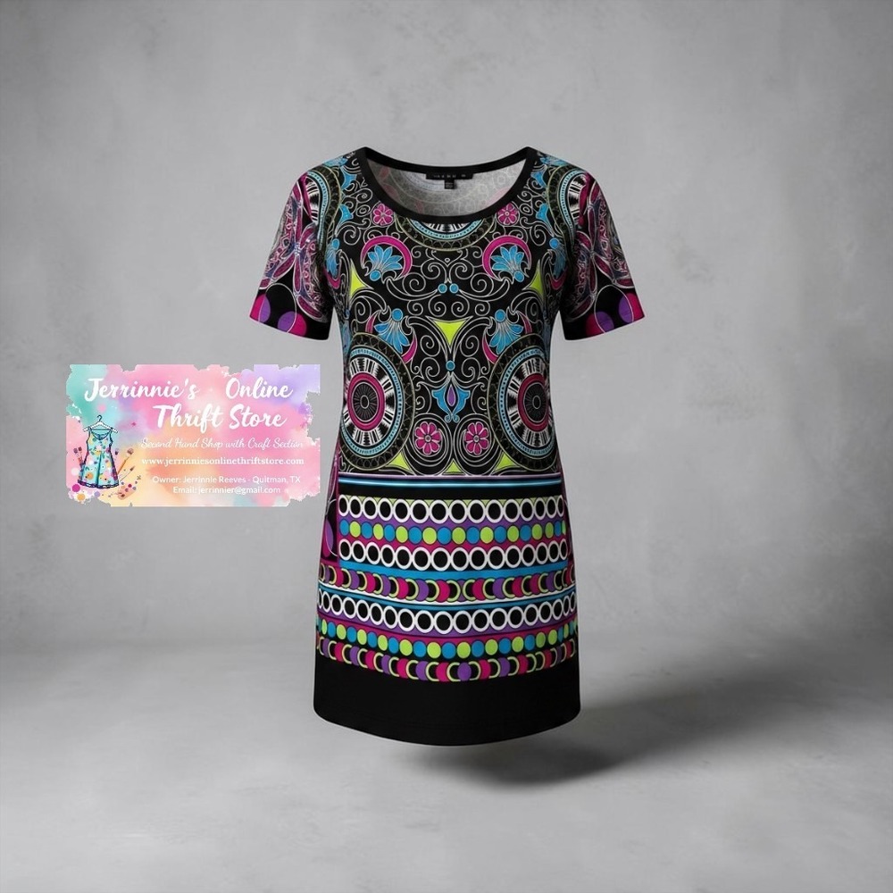 Tiana B Womens Psychedelic Kaleidoscope‎ Print Scoop Neck Shift Dress Black PM